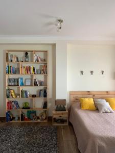 a bedroom with a bed and a book shelf with books at Charming Cozy Retreat - Terrace & Private Balcony in Coimbra