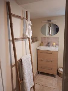 a bathroom with a sink and a towel at Le studio Une bulle de douceur in Beaune +19 photos