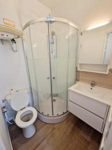 a bathroom with a shower and a toilet and a sink at Studio Porte de Versailles in Vanves