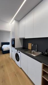 a kitchen with a sink and a washing machine at Tirana Central Apartments in Tirana
