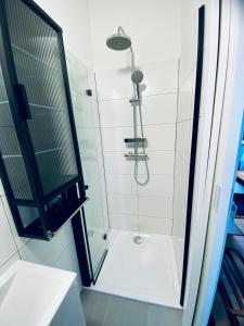 a bathroom with a shower with a glass door at Apartmán U Hvězdáře in Křišťanovice
