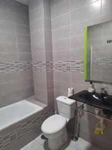 Un baño con inodoro, lavabo y bañera. en apartamentos Centro PICASSO, en Málaga 1 foto más