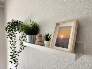 ein weißes Regal mit einem Bild und Pflanzen darauf in der Unterkunft Seaview Terrace, Beachfront Bliss & Towncenter - Terraza con vistas al mar, a pie de playa y céntrico in La Herradura