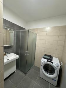 a bathroom with a washing machine and a sink at 4U centre apartments in Olomouc +14 photos