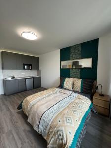 a bedroom with a large bed and a kitchen at 4U centre apartments in Olomouc