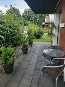 a patio with a table and chairs and plants at Green Ravine in Nałęczów