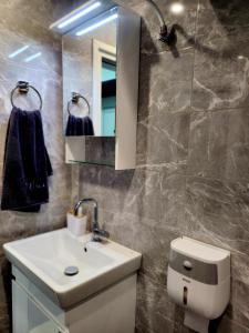 a bathroom with a sink and a toilet and a mirror at Апартамент Квадратчето in Vratsa