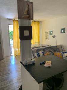 salon z kanapą i blatem w obiekcie Le lavandou rdj avec piscine résidence Le Lavandor w mieście Le Lavandou
