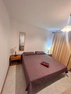 ein Schlafzimmer mit einem Bett mit einem roten Kissen darauf in der Unterkunft Habitación en Manacor in Manacor