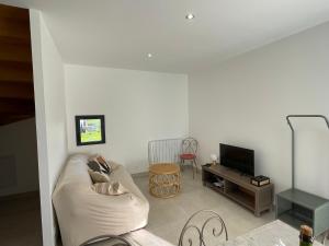 a living room with a couch and a television at Les Gîtes De Roma in Plogonnec