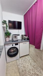 a washing machine in a room with a purple curtain at Laura House in Simeria +6 photos