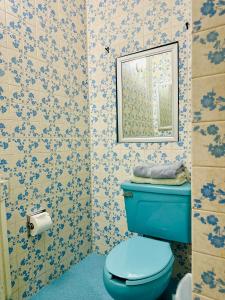 a bathroom with a blue toilet and a mirror at La Casa Grande in Guanajuato