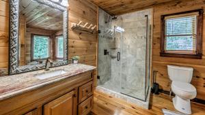 een badkamer met een douche, een toilet en een wastafel bij Knotty By Nature in Blue Ridge +42 foto's