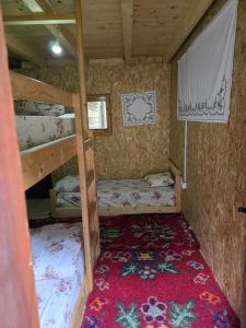 a room with two bunk beds and a red carpet at Eko Katun Hako in Dubočak