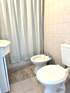 a bathroom with a white toilet and a shower at Cid Movistar Arena in Buenos Aires +11 photos