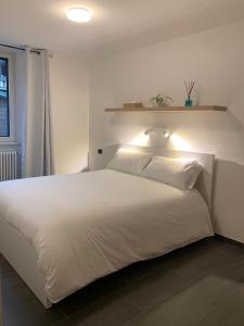 een slaapkamer met een wit bed met een licht erop bij Spazio Perlasca Apt 1 - Cernobbio Como Lake in Cernobbio