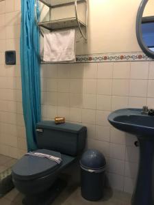 a bathroom with a blue toilet and a sink at Hostal Alfredo's Palace in Cusco +17 photos