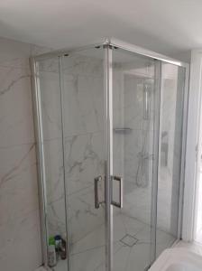 a shower with a glass door in a bathroom at Pomos rockaway beach house in Pomos