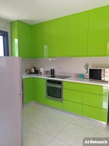 a green kitchen with green cabinets and a refrigerator at Pomos rockaway beach house in Pomos +23 photos