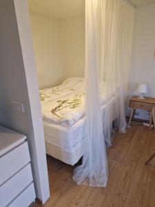 霍芬Studio apartment with great view in Höfn的一张带白色窗帘的床