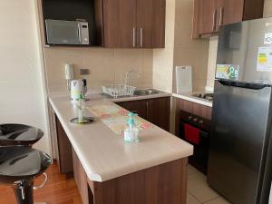 a kitchen with a counter and a refrigerator at Departamento Aníbal Pinto Concepción in Concepción
