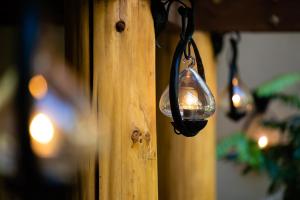 a light hanging on a wooden wall at Hotel Wohnen in Hakuba