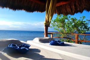 a resort with two beds with the ocean in the background at The Blue Orchid Resort in Moalboal