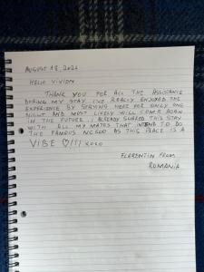a piece of paper with writing on it at Eco Crofter's Wagon by the Sea - Off Grid Experience - No electricity - As seen soon on Netflix in Oldshoremore
