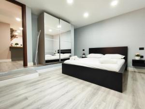 コモにあるJOIVY Villa Sofia Wonderful 2-bed flat with lake viewsの大きなベッドと大きな鏡のある寝室