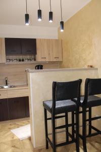 two chairs sitting at a bar in a kitchen at IN SILVER Apartman in Vršac +3 photos