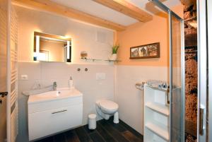 een badkamer met een wastafel, een toilet en een spiegel bij Elferhof Ferienwohnungen in Mohlsdorf +17 foto's