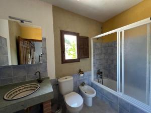 a bathroom with a toilet and a sink and a shower at Casa Rural TorreMontero Apartamentos in Hornos el Viejo +29 photos