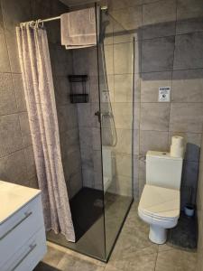 ein Badezimmer mit Toilette und Glasdusche in der Unterkunft Pokoje Gościnne Emilia Międzywodzie in Międzywodzie + 25 Fotos
