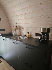 a kitchen with a sink and a mixer on a counter at Tiny House De Piiptsjilling in Westergeest +11 photos
