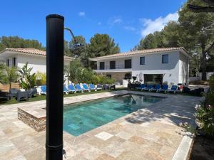 a swimming pool in front of a house at Villa Jérémy in Sanary-sur-Mer