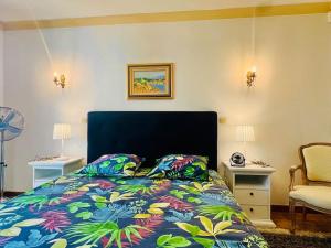 a bedroom with a bed with a colorful blanket at Studio Soleil - Piscine, Parking, Jardin, Calme, Wifi, 2 personnes in Istres +41 photos