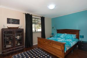 a bedroom with blue walls and a bed and a window at Nutcrackers Lodge in Esperance