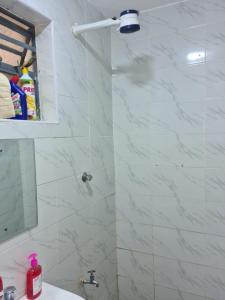 a bathroom with a shower with a sink and a mirror at Nashville Homes in Ongata Rongai 