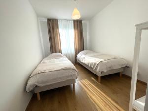 een slaapkamer met twee bedden en een raam bij Appartement chaleureux en centre-ville in Clermont-Ferrand
