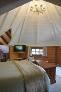 a bedroom with a bed and a television and a chandelier at Silver Birch Cabin, Bulbury Farm in Lytchett Matravers