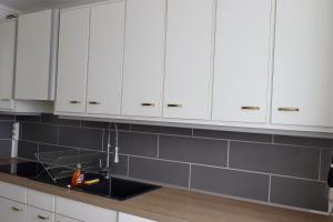 een keuken met witte kasten en een spoelbak bij Appartement chaleureux en centre-ville in Clermont-Ferrand +22 foto's