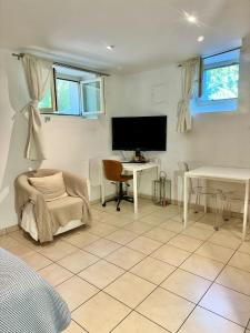 a living room with a tv and a table and a desk at Residence Mont-Blanc in Geneva +7 photos