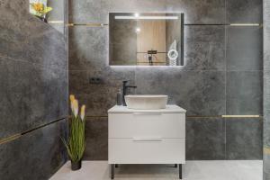 Un baño con un lavabo blanco y un espejo. en Ullman Apartments, en Oradea