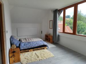 a bedroom with a bed and a large window at Ferienwohnung Bruckmühle in Wasserburg am Inn