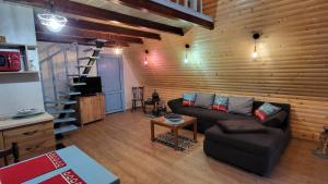 a living room with a couch and a kitchen at Cabana Vanatorilor A Frame Blue in Văliug +8 photos