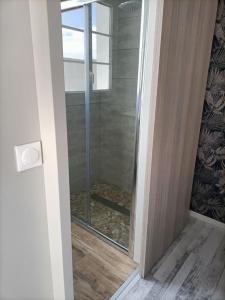奥雷龙圣但尼Grande maison de vacances récente的浴室里有玻璃门的淋浴间