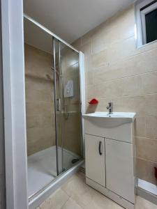 a bathroom with a shower and a sink at manorlet in London