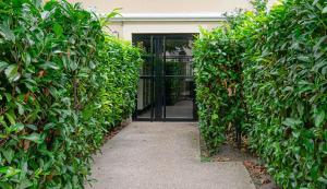 an entrance to a building with green hedge at COSYHOME - Studio Familial Confortable - Paris - CDG - Parking privé in Aulnay-sous-Bois
