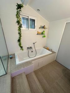 Maison en pierre, 3 chambres à 15 mn du centre de Menton et des plages في سان أجنيس: حمام مع حوض استحمام مع نبات على الحائط +42 صورة