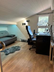 Maison en pierre, 3 chambres à 15 mn du centre de Menton et des plages في سان أجنيس: غرفة بها مكتب وكرسي وأريكة